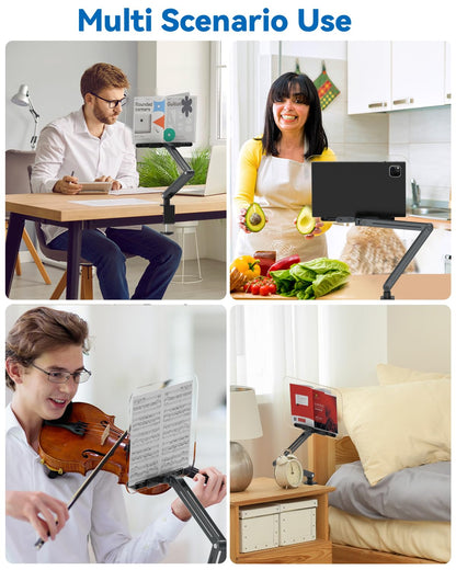 YCNEW Desk Clamp Acrylic Book Stand for Reading, Ergonomic Design Adjustable Height up to 20 inches with Rotating Bases Cookbook Stand, Suitable for Recipe, Sheet Music, Tablet(Gray)
