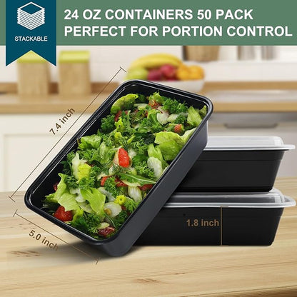 50 Pack Meal Prep Containers 24 oz, Leakproof Plastic Food Storage Containers