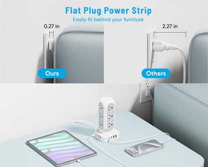 Flat Plug Power Strip Tower 10FT, 40W Total Fast Charging Station, Dual PD 20W USB-C Surge Protector with 12 AC Outlets and 8 USB Ports (4 USB C), Long Extension Cord for Home Office Dorm Room