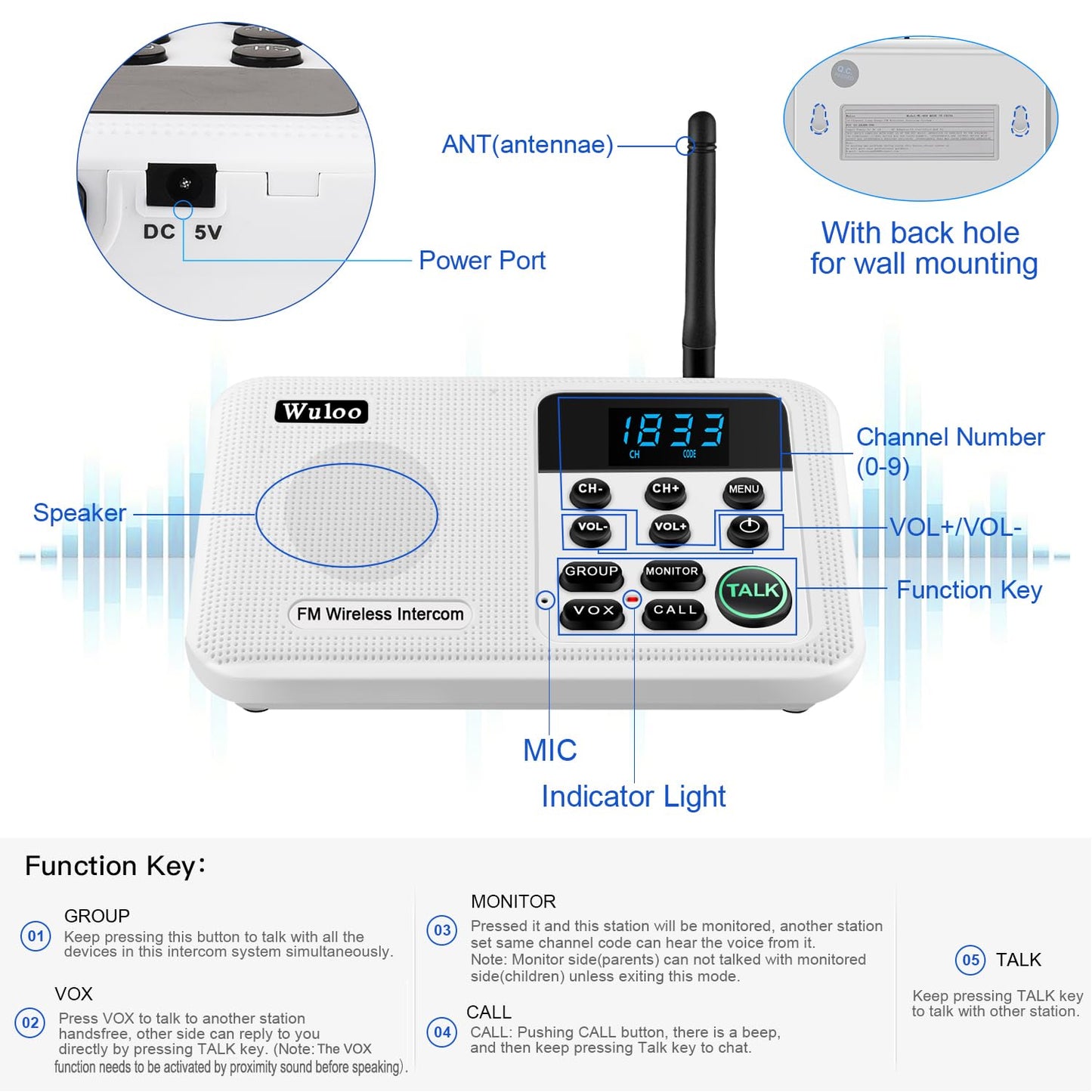 Wuloo Intercoms Wireless for Home 1 Mile Range 22 Channel 100 Digital Code Display Screen, Wireless Intercom System for Home House Business Office, Room to Room Intercom Communication (6 Packs, Black)