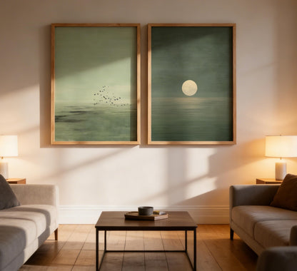 Framed Minimalist Sunset Wall Art Green Ocean Landscape Wall Decor Scandinavian Zen Painting Picture Abstract Landscape Poster Prints Artwork for Bedroom Living Room Office Meditation Room