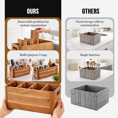 Paw-er Play Wooden Caddy Utensil Holder - Premium Acacia Wood Utensil Caddy with Sturdy Design for Easy Organization - Perfect Kitchen Utensil Organizer for Counters, Dining Tables, and Everyday Use