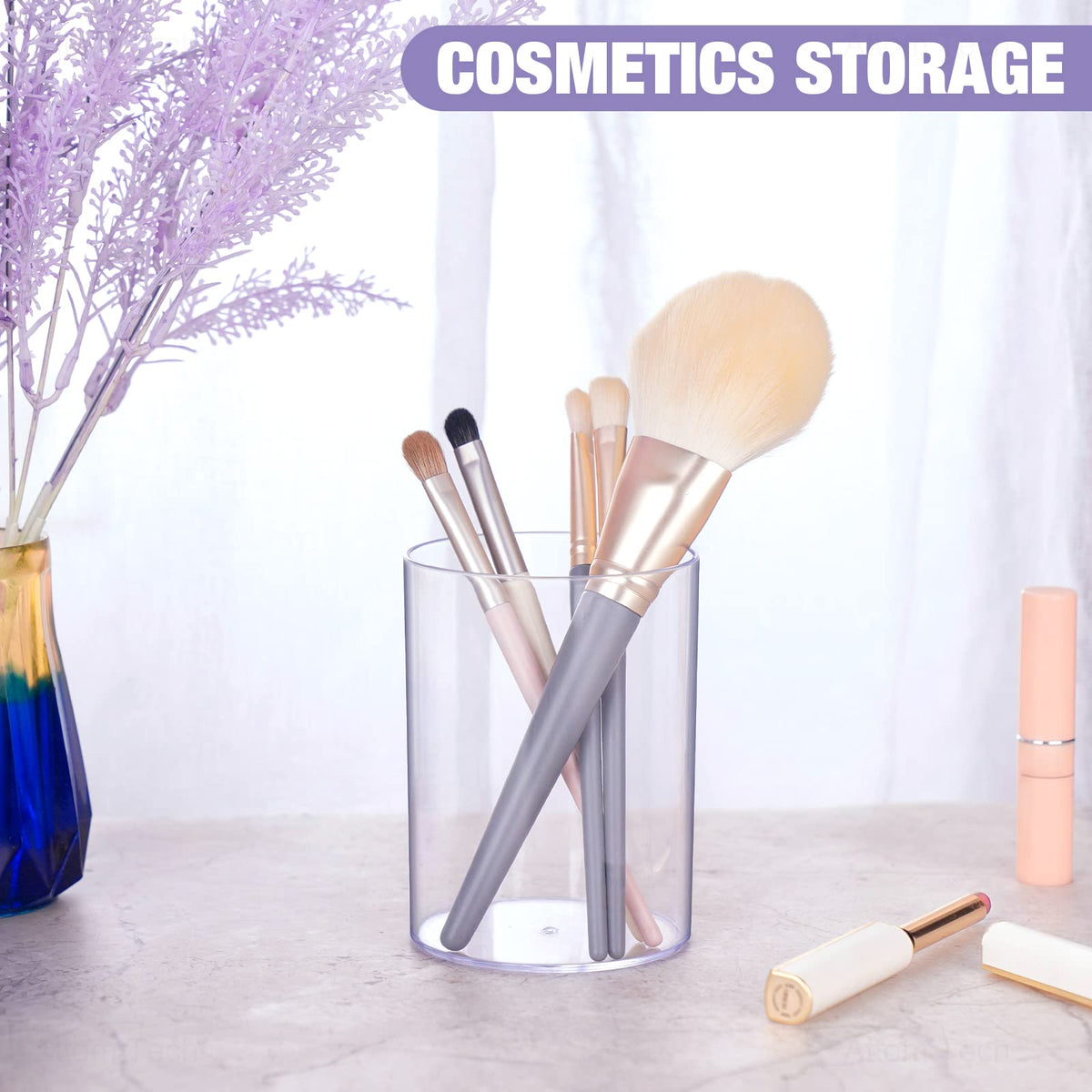 NiOffice Clear Acrylic Desk Organizer Set - 9 Pack Pen Pencil Holder, Stylish Round Makeup Brush and Stationery Storage Container, Ideal for Home, School and Office Supplies