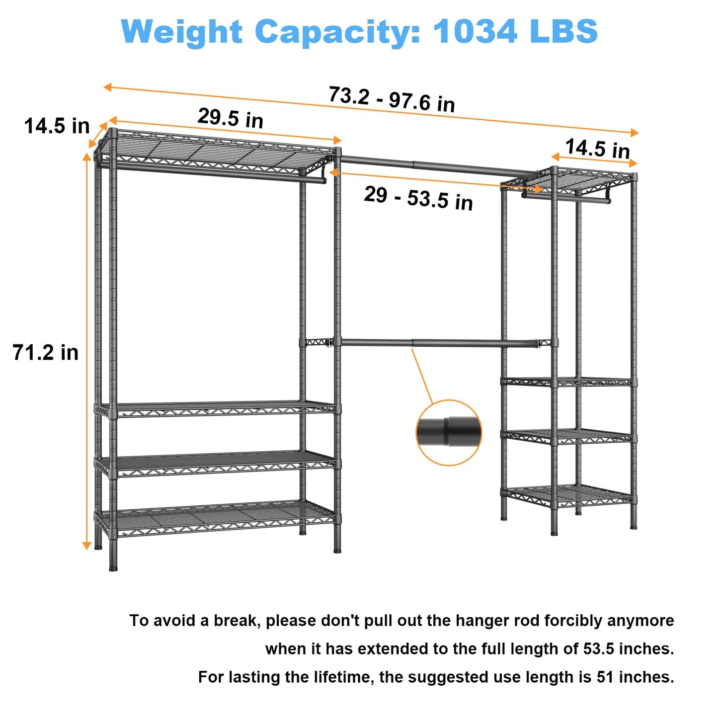 Ulif E11 Heavy-Duty Garment Rack, Metal Freestanding Clothes Rack and Closet Storage Organizer System with 8 Shelves and 4 Hanger Rods, (73.2-97.6)" W x 14.5" D x 71.2" H, Load 1034 LBS, Black