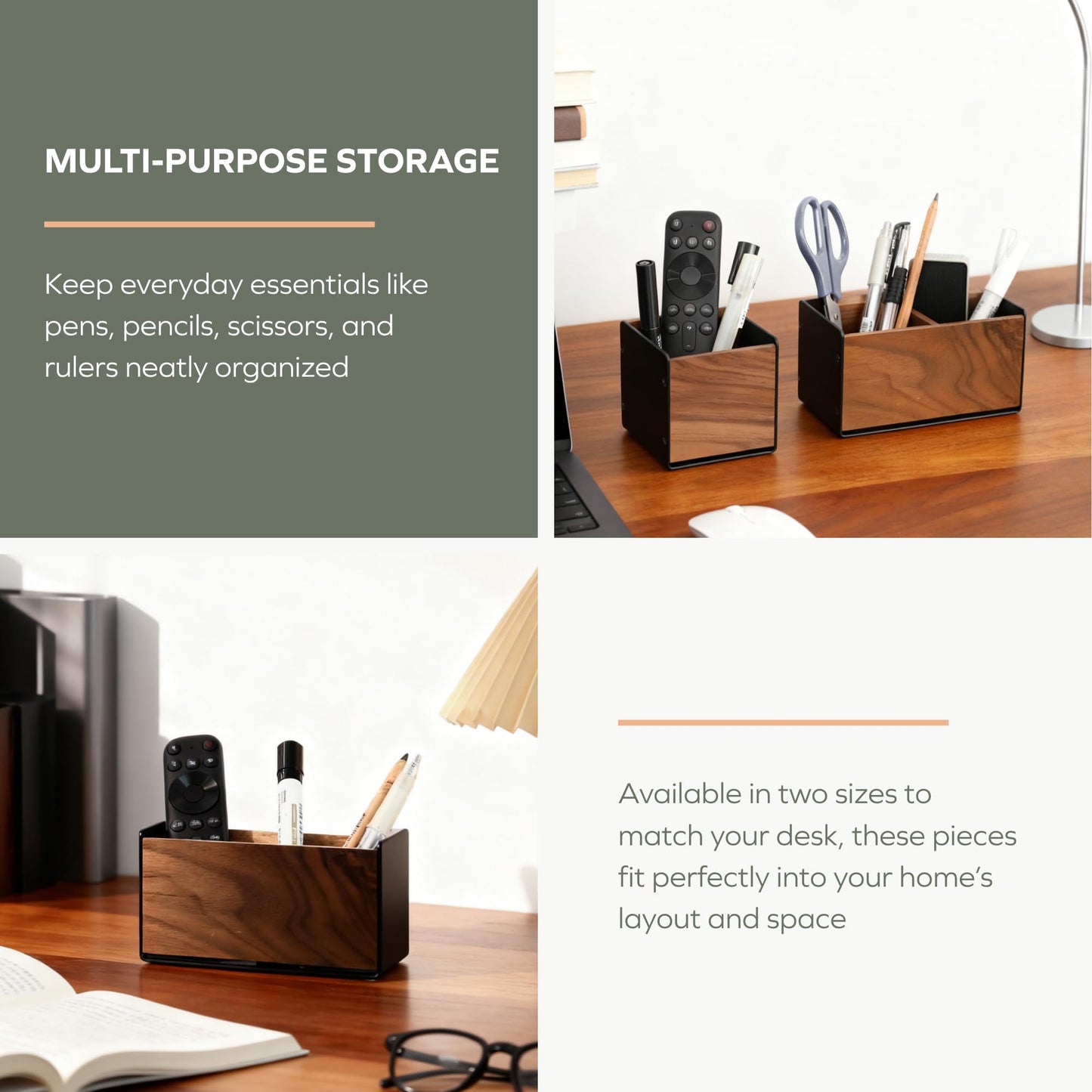 muso wood Wooden Pen Holder for Desk, Artisan Walnut & Aluminum Pencil Cup Organizer for Office & Home, Unique Modern Desktop Accessory (2 Slot)