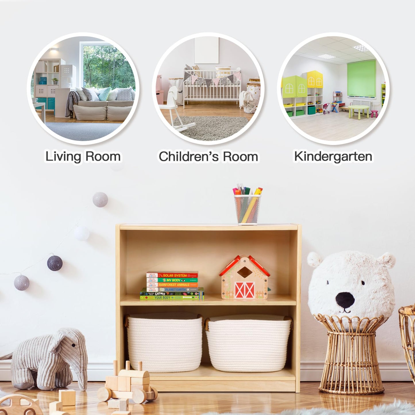 OOOK Montessori Toy Shelf, 2-Tier Wooden Storage Shelf for Kids, Modern Style, Kids Bookshelf and Toy Storage, Classroom, Kindergarten, Playroom, Daycare Center