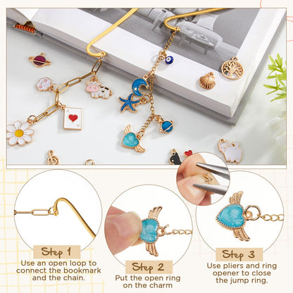 Tudomro 250 Pcs Metal Bookmarks Making Kit, DIY Metal Bar Bookmark Kit, DIY Craft Supplies with Charms, Jump Rings, Chains and Tools, Jewelry Making for Custom Bookmark Crafts (Cute)