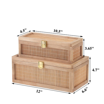 HuiDao Natural Bamboo Decorative Box with Lids, Unique Decorative Boxes Set of 2, Boho Wedding Keepsake Box, Memory Box with Lid for Crafts, trinkets and Photo Storage