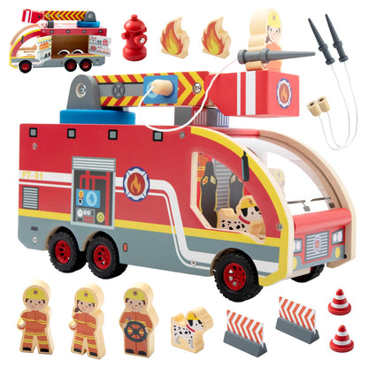 Nene Toys Wooden Fire Truck Toy Set – FSC Fire Engine with Rotating Ladder, Magnetic Hose, Hydrant, 3 Firefighters, Dalmatian & Accessories – Durable Wood Truck Toy for Kids 2+