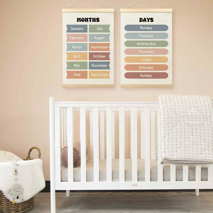 TLESKE Months of the Year Days of the Week Chart Poster Hanger Frame for Toddler Kid Classroom Set of 2, Homeschool Hanging Wall Art for Nursery Playroom, Preschool Learning Educational Poster, 16x24