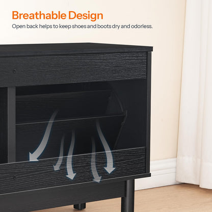 HOOBRO Rattan Shoe Storage Bench with Double Flip Drawers, Narrow Shoe Storage Organizer for Entryway, 11.8" D x 39.4" W x 20.9" H, Hidden Space Saving Wooden Shoe Cabinet for Hallway, Black BN51HX01