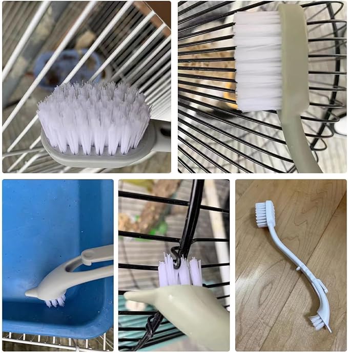MANON ROSA Bird Cage Cleaner with Two Brush Heads Long Handle Tool for Cleaning Bird Parrot Cages Kennels Perches