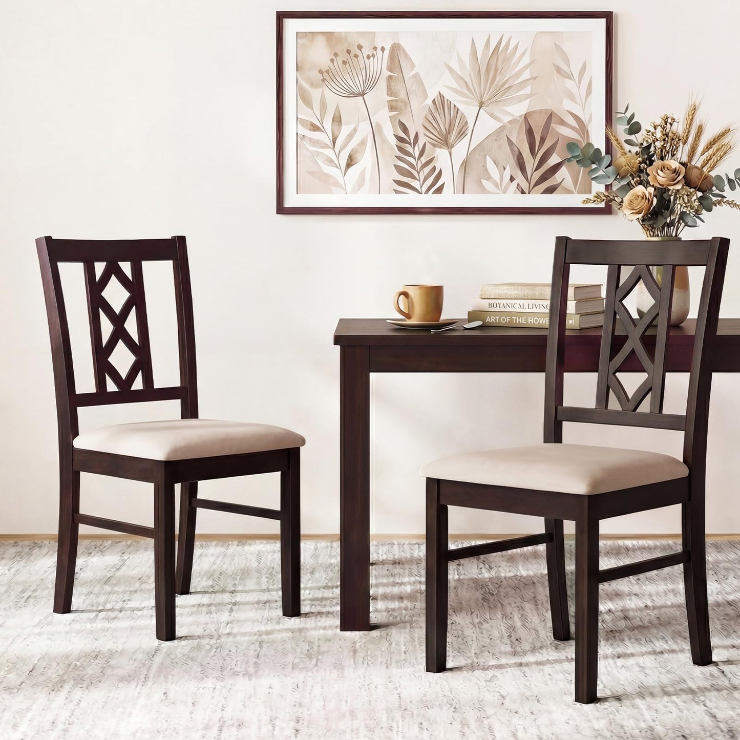 Giantex Dining Chairs Set of 4, Rubber Wood Dining Room Chairs with Hollowed Backrest & Padded Seat, Farmhouse Side Chairs for Living Room Kitchen, Walnut
