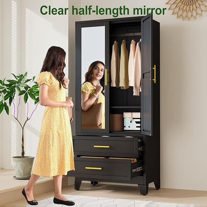 winiowa Metal Armoire Wardrobe Closet with 2 Drawers, 71" Wardrobe Cabinet with Adjustable Shelves and Hanging Rod, Clothing Storage Cabinet Closet with Mirror for Bedroom-Black