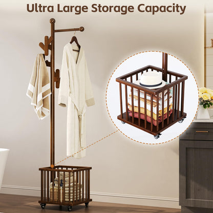 Cactus Freestanding Wooden Coat Rack with Storage Basket,Walnut Coat Rack with Hooks and Wheels,Space-Saving Entryway Organizer for Hanging Clothes,Bags and Storing Towels,Bedroom, Living Room
