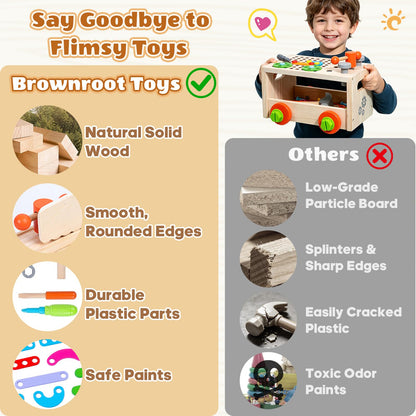 Brownroot Kids Wooden Tool Set, Toddler Workbench with Toy Drill & Storage Cart, STEM Construction Building Toys, Montessori Gift for Boys Girls 3-6