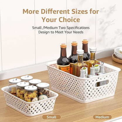 MaxGear 3 Pack Plastic Storage Baskets, Small, White | Durable Woven Plastic with Built-In Handles, Suitable for Shelves, Closets, Cabinets, Bathrooms and Offices