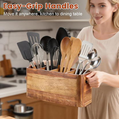 Gallkeat Kitchen Utensil Holder for Counter or Countertop, Large Wooden Utensil Holder with 4 Compartments, Acacia Wood Organizer for Cooking Utensils and Silverware, Ideal Gift for Kitchen Decor
