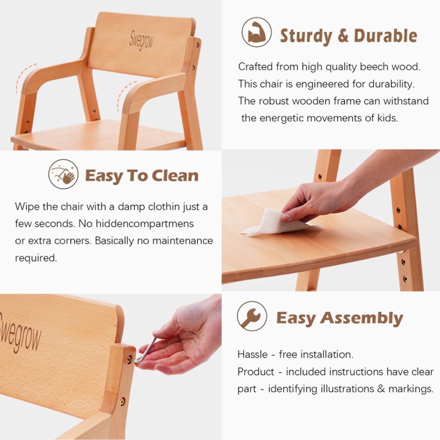 Swegrow Wooden High Chair with 2 Wheels, Adjustable Seat - Backrest - Footrest Heights, Wooden High Chair for Toddlers - Kids and Baby, Kids Dining Chair with Removable Cushion(Beige)