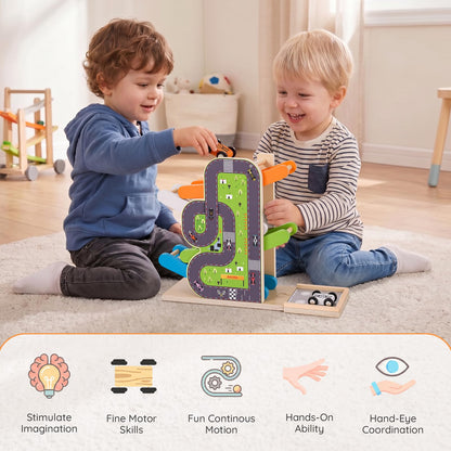 Busy edition Car Ramp Toys for 1 Year Old Boy Gifts, Montessori Toys for 1 Year Old, Wooden Race Car Track for Toddlers 1-3, Toy Cars Ramp with 4 Mini Cars & Parking Lots, 1st Birthday Gifts Boy