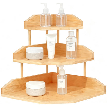 HYNAWIN Bamboo Corner Desk Organizer Shelf, 3-Tier Triangle Storage Rack for Office & Home, Space-Saving Desktop Shelf for Books, Stationery, Makeup, Small Items