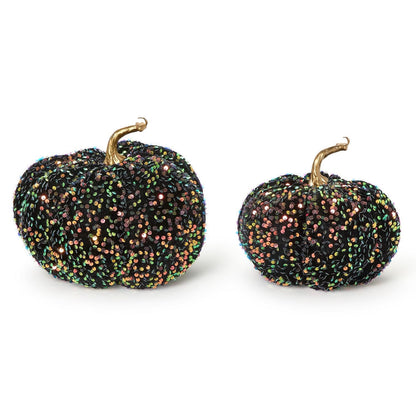 Two's Company Iridescent Sequin Pumpkin Figurines, 9.5-Inch, Plastic, Black, Set of 2