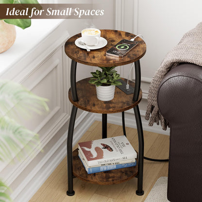 Yuede Round Side Table with Power Outlet & USB Ports, 3-Tier End Table with Storage Shelf, Modern Rustic Nightstand, Small Spaces Accent Table for Living Room Bedroom, Easy Assembly, Rustic Brown