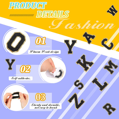 WILLBOND 52 Pcs Chenille Letter Patches A-Z, Self Adhesive Alphabet Patches for Clothes, Bags, Hats DIY, Name Craft & Personalized Best Mom Groovy Wedding Gifts(Black,2.2 Inch)