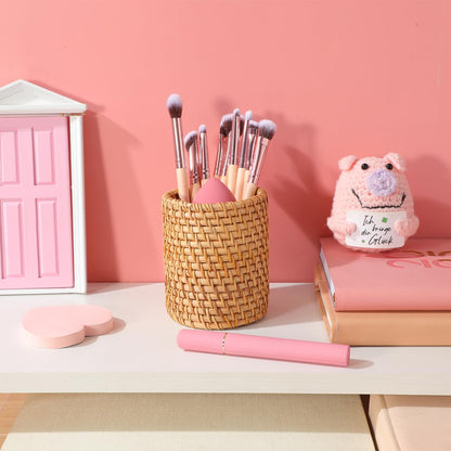 SEWACC 2pcs Rattan Pencil Holder, Handmade Wicker Pen Cups, Boho Pencil Organizer, Makeup Brush Storage for Desktop, Home Office Use