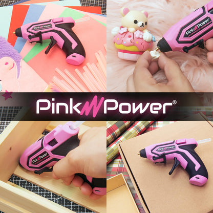 Pink Power Mini Cordless Hot Glue Gun Kit with Stand – 20 Sticks, Battery Powered, Wireless, Fast Heating, USB Rechargeable, Portable Glue Gun for DIY Crafts, Home Repairs, and School Projects