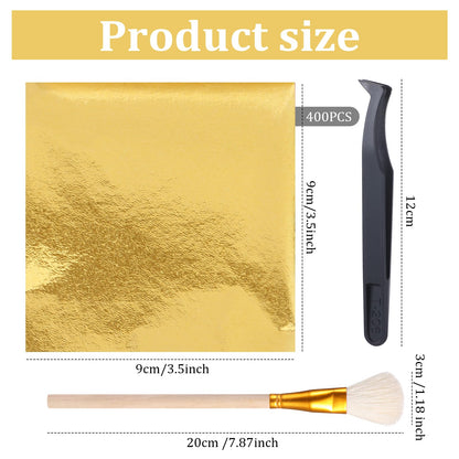 Maitys 400 Pcs Imitation Gold Leaf Sheet, for Art Silver Foil Sheet Set with Brush and Nipper for Painting Gilding Picture Frame Sculpture DIY Craft Decoration Furniture, 3.5 x 3.5 Inches(Golden)
