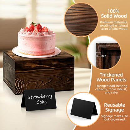 SPVIKISGO 6 Pcs Buffet Risers and stands with Food Signs, Food Risers for Buffet Table, Rustic Wood Cake Stand, Wood Risers Display Stands for Decor, Party, Birthday, Wedding, Baby Shower