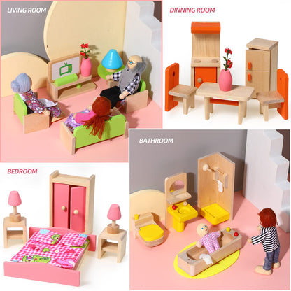 Civaner 52 Pcs Wooden Dollhouse Furniture Set Including 8 Family Dolls Miniature Doll House Accessories 1:12 Scale 5 Space Kits Bathroom Bedroom Living Room Dining Room Kitchen Gift for Christmas