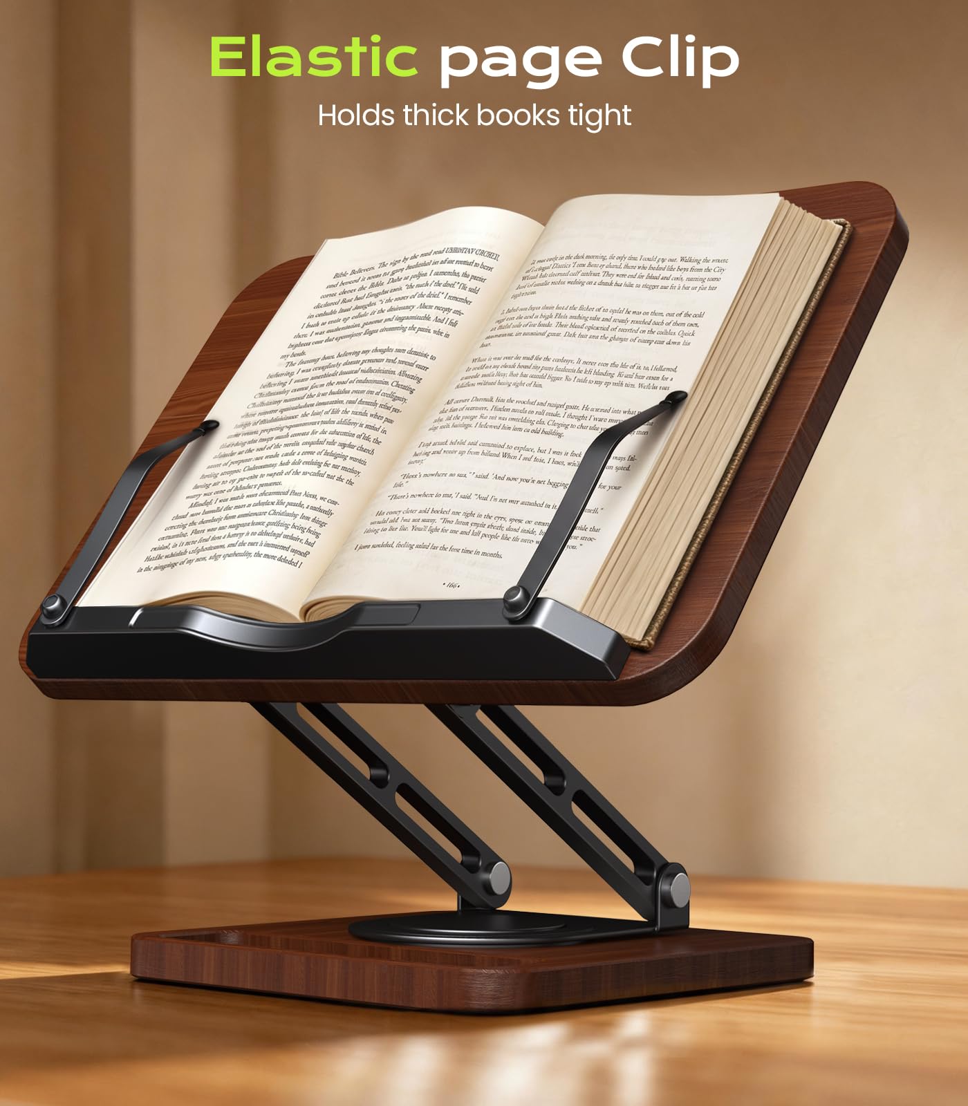Book Stand for Reading, 360° Rotating Hands Free Book Holder with Storage, Adjustable Height & Ergonomic Cookbook Stand, Elastic Page Clips for Recipe Laptop Tablet, Foldable for Kitchen Office School
