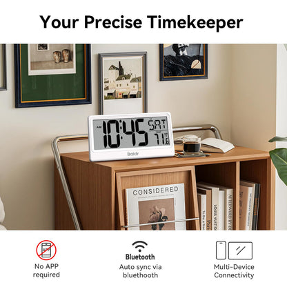 Baldr Digital Clock with Bluetooth Auto Time Sync, No App Required, Large Display Non-Backlit Desktop Alarm Clock, Battery Operated, Temperature & Weekday, Wall or Desk Clock for Home Office, White