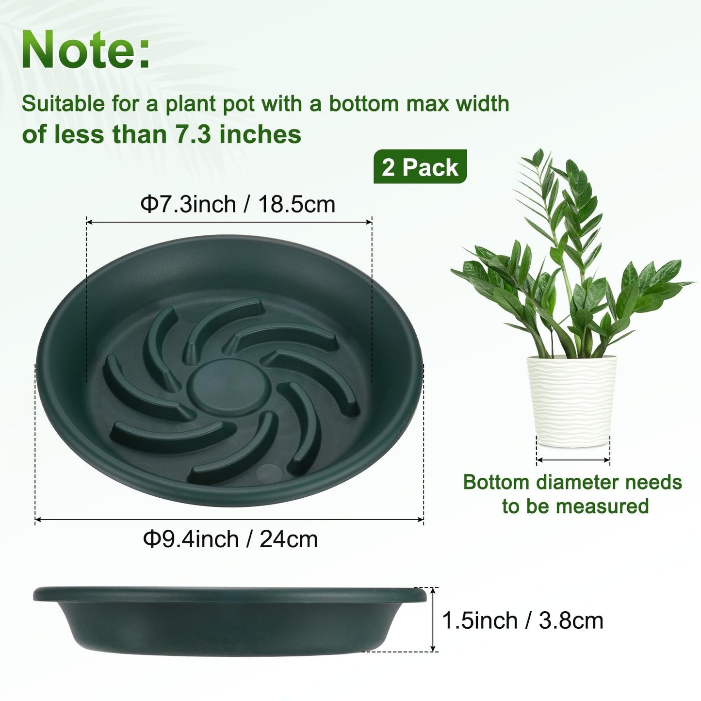 M METERXITY 2-Pack Plant Saucers, 7.3 Inch ID Anti-Rot Root Resin Flower Pot Plant Saucers for Indoor/Outdoor, Flowerpot Drip Tray [9.4 Inch OD, Dark Green]