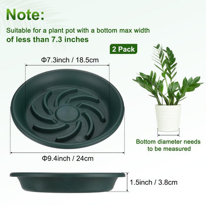 M METERXITY 2-Pack Plant Saucers, 7.3 Inch ID Anti-Rot Root Resin Flower Pot Plant Saucers for Indoor/Outdoor, Flowerpot Drip Tray [9.4 Inch OD, Dark Green]