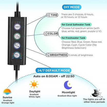 hygger Clip On 24/7 Saltwater Aquarium LED Light, 22W Sunrise-Daylight-Moonlight Mode and DIY Mode, Adjustable Timer Adjustable Brightness Fish Tank Light with 7 Colors for Coral Marine Tank