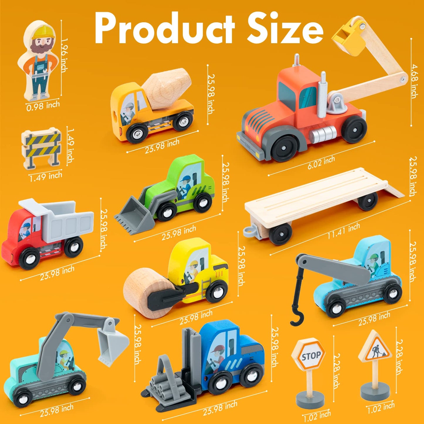 umu Construction Toy Cars 14 PCS Wooden Kids Mini Vehicles for Toddlers, Compatible to Thomas Train Toys Railway and Major Brands, Best for 3 to 5 Year Old Boys and Girls