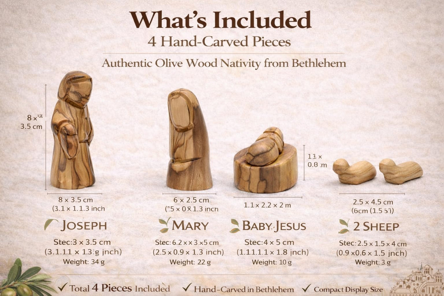 Zuluf Small Olive Wood Holy Family Figurines – Hand-Carved Nativity Set Scene with Joseph, Mary & Baby Jesus – Wooden Christmas Tree Decor for Catholic Indoor Display – HOF035