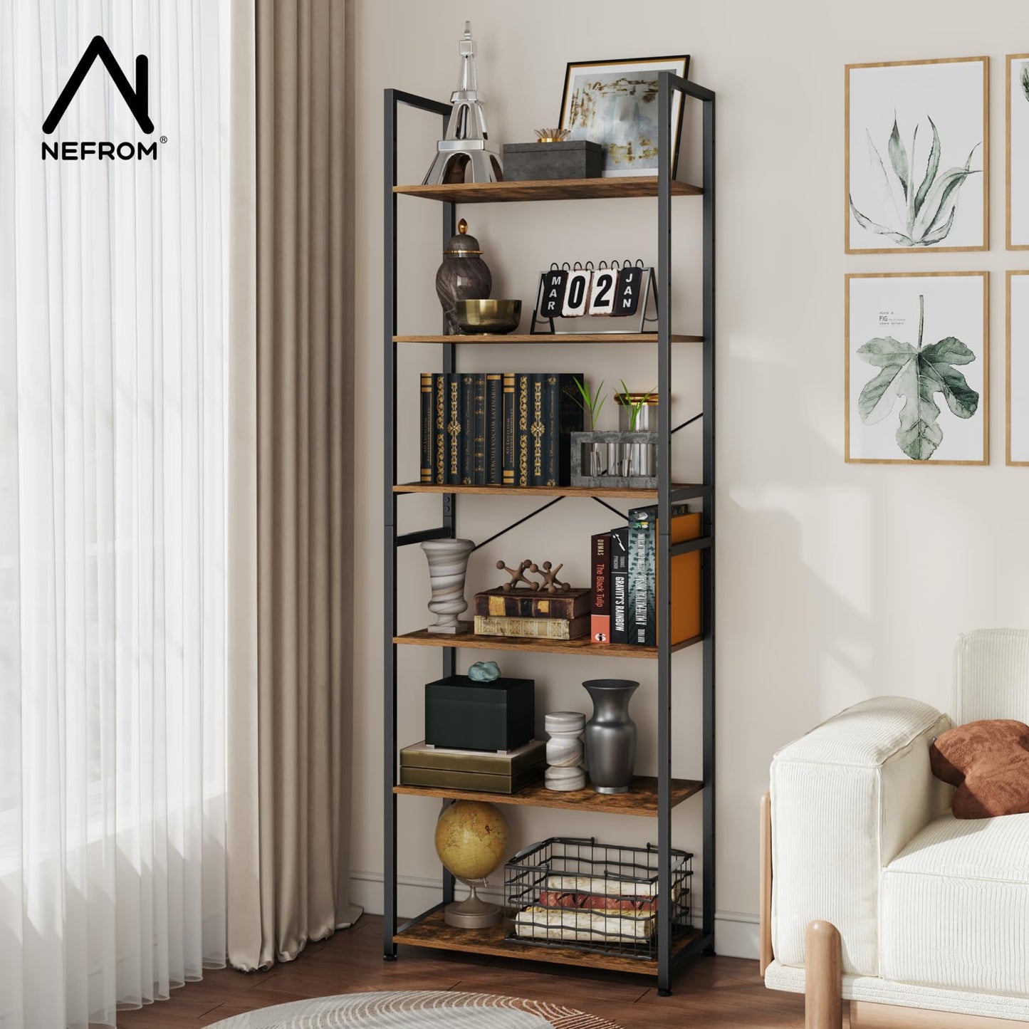 NEFROM Book Shelf, Adjustable 6-Tier Tall Bookshelf, Wooden Bookcase Shelves for Bedroom, Living Room, Display Shelf for Home, Office, Kitchen, Standing Shelving Unit Storage Organizer BC-BR-6