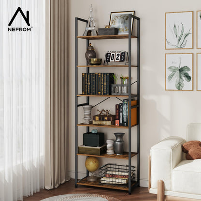 NEFROM Book Shelf, Adjustable 6-Tier Tall Bookshelf, Wooden Bookcase Shelves for Bedroom, Living Room, Display Shelf for Home, Office, Kitchen, Standing Shelving Unit Storage Organizer BC-BR-6