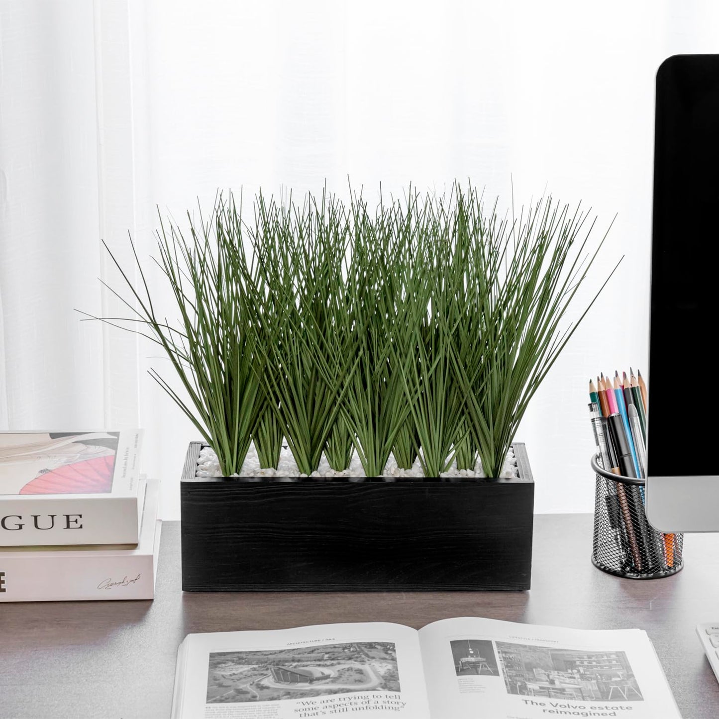 MyGift 12 Inch Desktop Artificial Green Grass Plants Faux Greenery Centerpiece with Rustic Black Solid Wood Planter Box