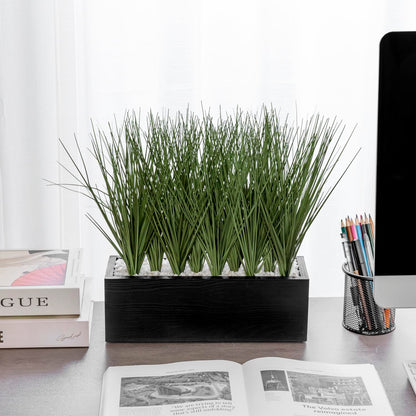 MyGift 12 Inch Desktop Artificial Green Grass Plants Faux Greenery Centerpiece with Rustic Black Solid Wood Planter Box