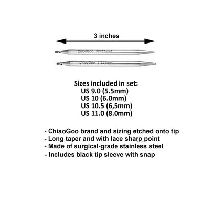 ChiaoGoo Twist Red Lace Shorties 3-Inch Large Yellow 7230-L Interchangeable Knitting Needle Set, US 9, 10, 10.5, 11 Stainless Steel with 3 Swiv360 Cables with Project Bag