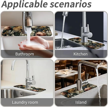 Kitchen Sink Splash Guard，Dark-floral Faucet Mat Sink Gadgets-Super Absorbent