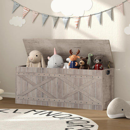 MAHANCRIS 47.2" Storage Chest, Extra Large Toy Box with 2 Safety Hinges, Wooden Toy Chest, Storage Bench with Rivets, Storage Trunk for Bedroom, Living Room, Entryway, Greige SCGY18501