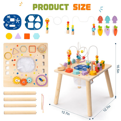 SJSYCSE Baby Activity Table for 1 Year Old, Wooden Sensory Table Activity Center with Bead Maze with Shape Sorter Fishing Game, 8 in 1 Learning Toys for Baby 12+ Months Boys Girls Gifts