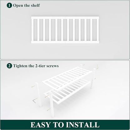 Smiry Bamboo Shoe Rack, 2 Tier Free Standing Wooden Shoe Organizer, Stackable Wood Shoe Storage Shelf for Closet, Entryway, 12 Vertical Slats, One-piece Standard Legs, 26.8"x11"x13", White