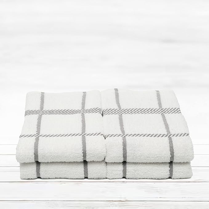 100% Cotton Terry Dish Towels, 4 Pack Checks, 16 x26 Inches, Super Soft and